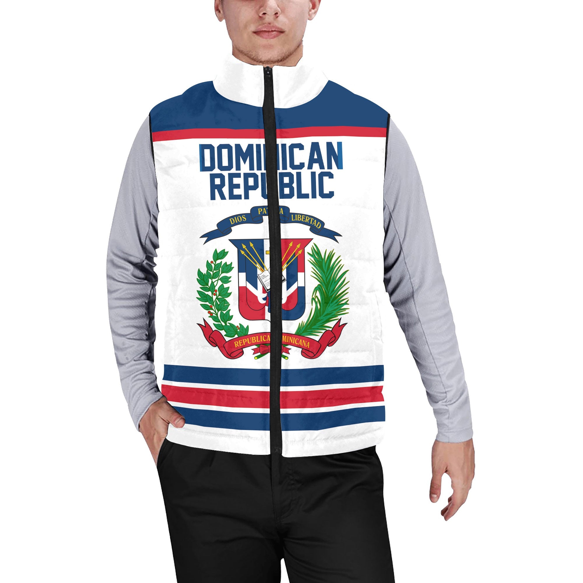 Dominican Republic Men Padded Jacket Vest Flag & Coat Of Arms Hockey Style