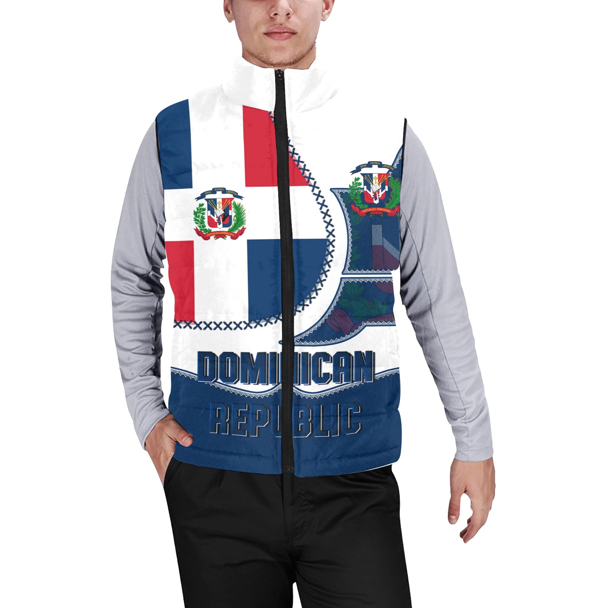 Dominican Republic Men Padded Jacket Vest Flag & Coat Of Arms Leather Style