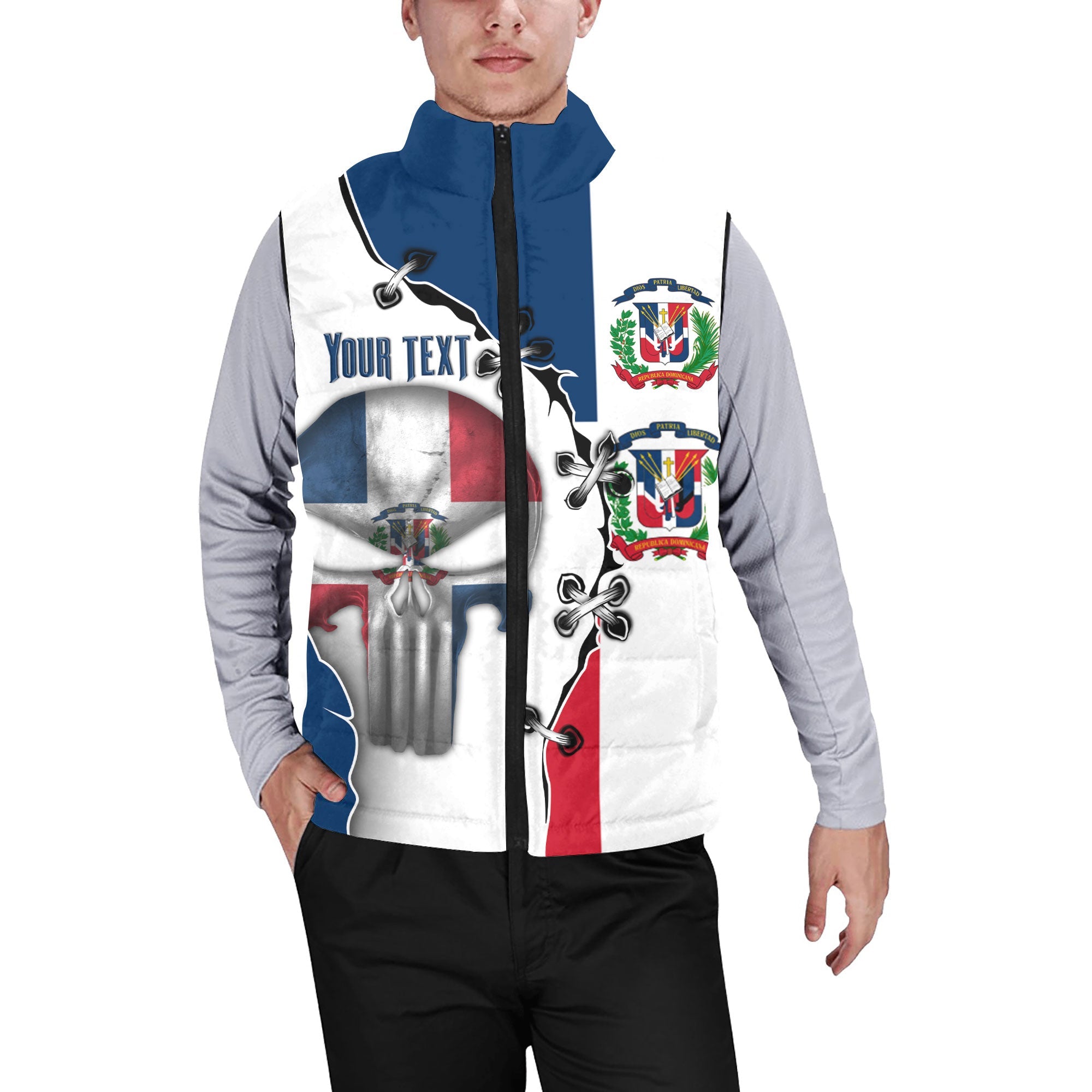 Dominican Republic Men Padded Jacket Vest Flag & Coat Of Arms Skull Style