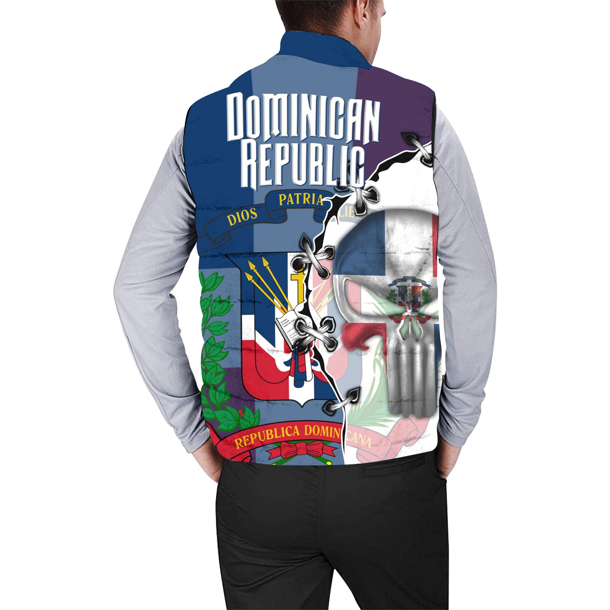 Dominican Republic Men Padded Jacket Vest Flag & Coat Of Arms Skull Style