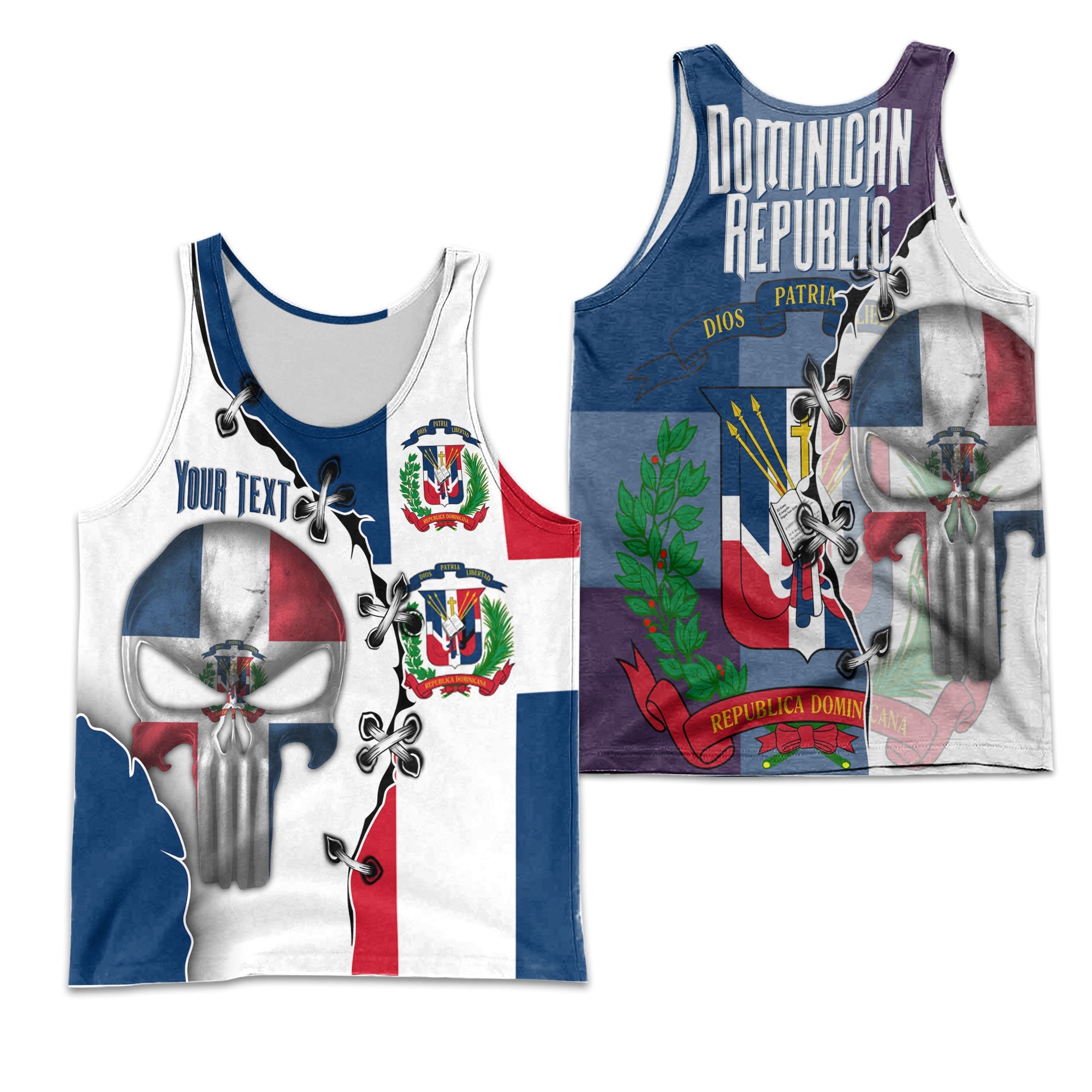 Dominican Republic Men Tank Top Flag & Coat Of Arms Skull Style