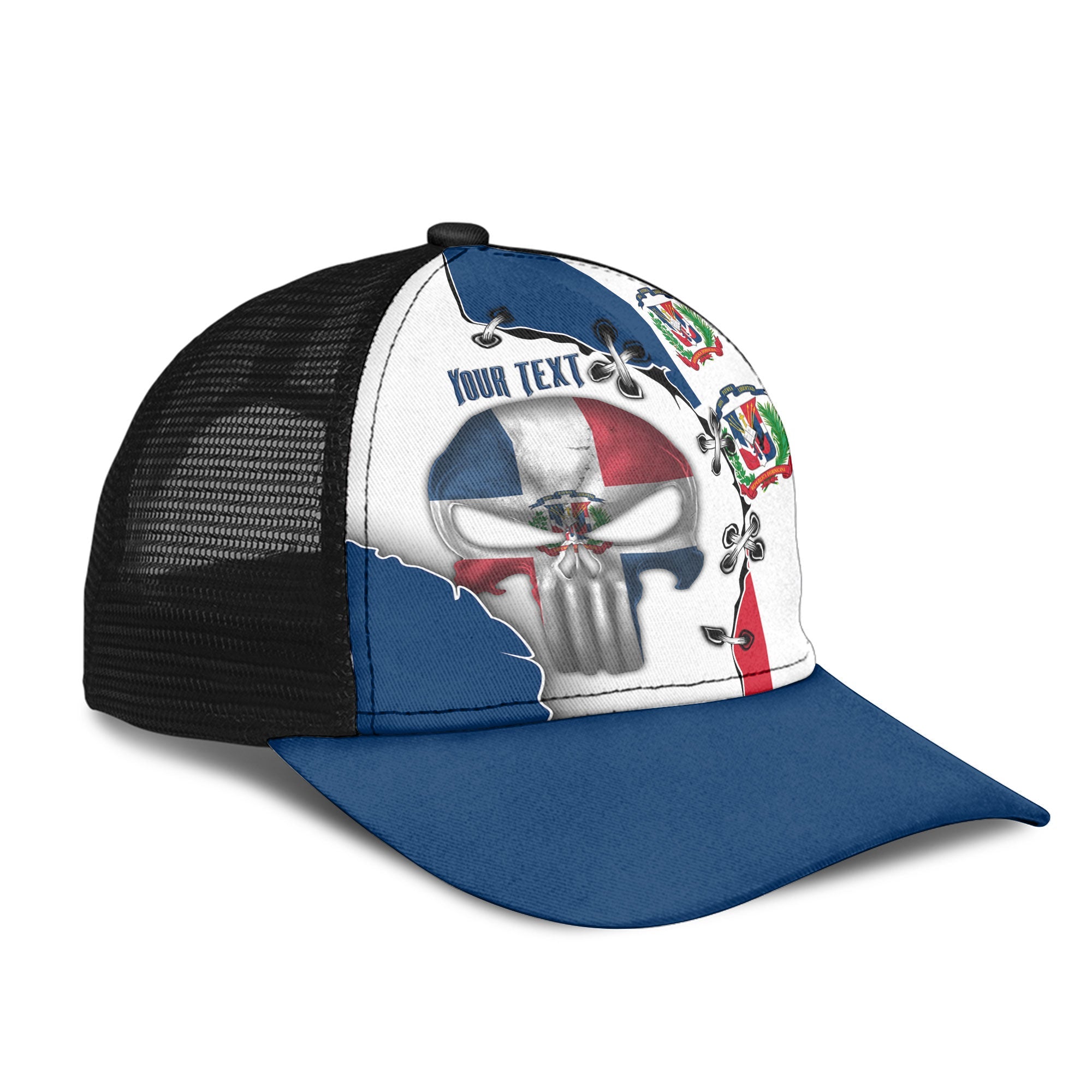 Dominican Republic Mesh Back Cap Flag & Coat Of Arms Skull Style