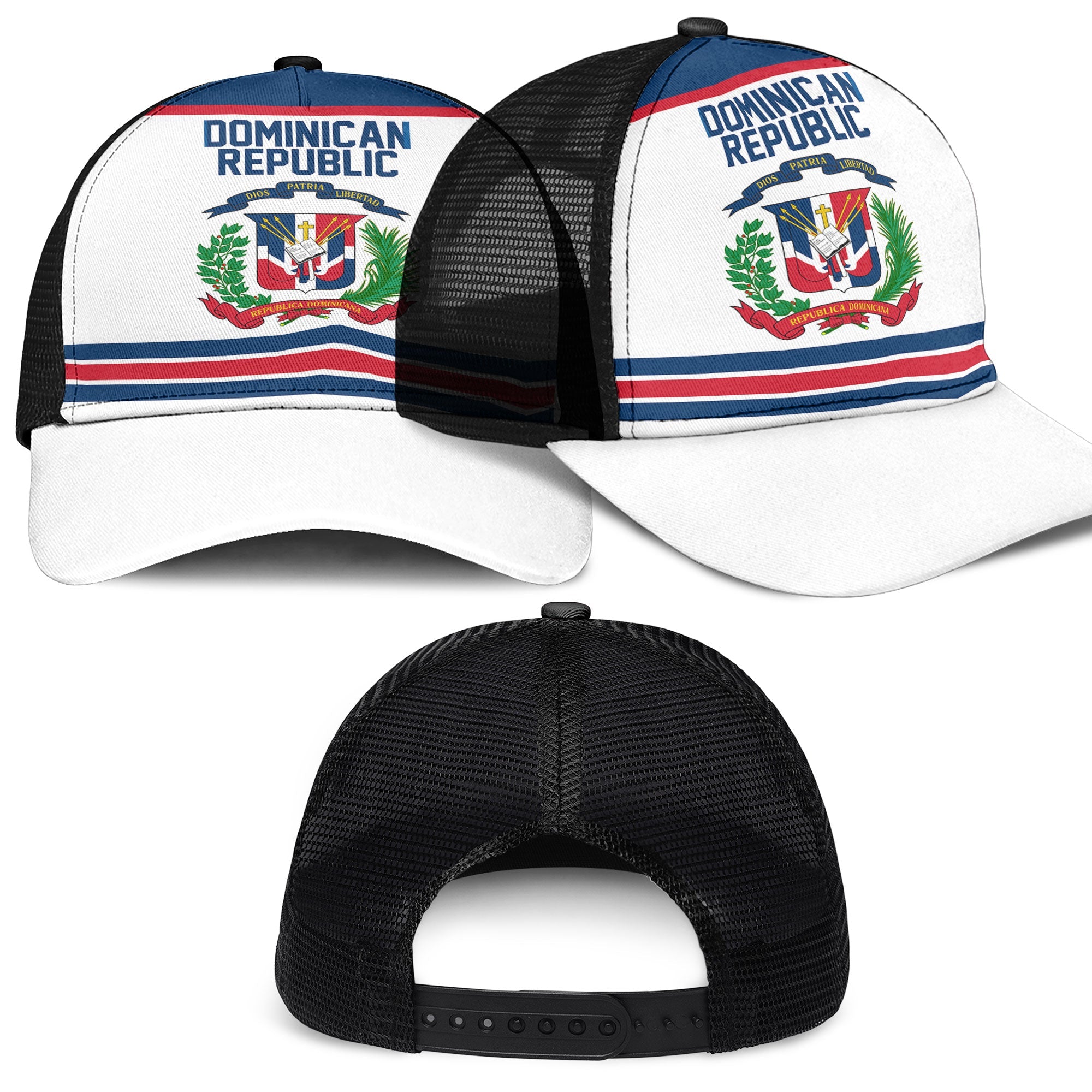 Dominican Republic Mesh Back Cap Flag & Coat Of Arms Hockey Style