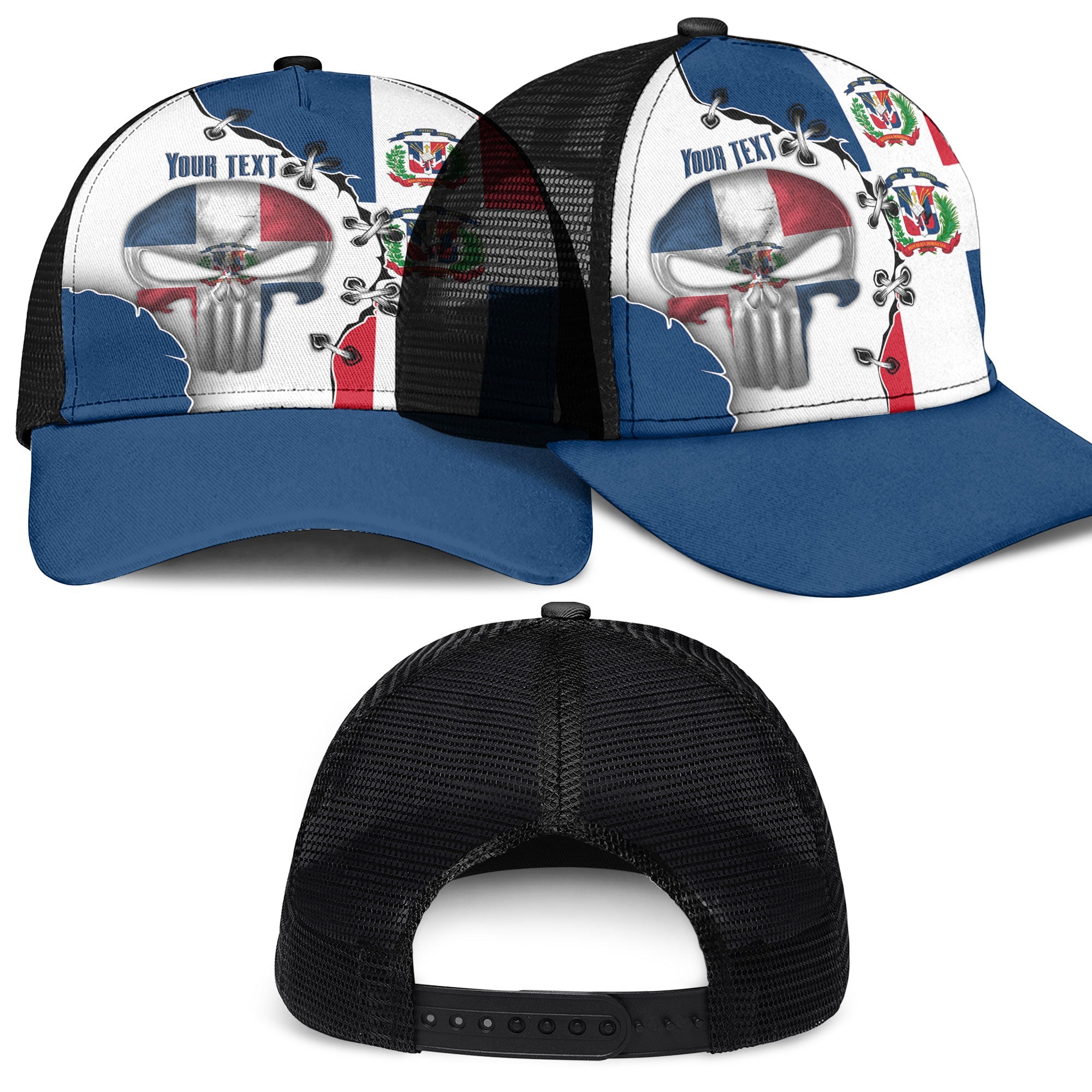 Dominican Republic Mesh Back Cap Flag & Coat Of Arms Skull Style