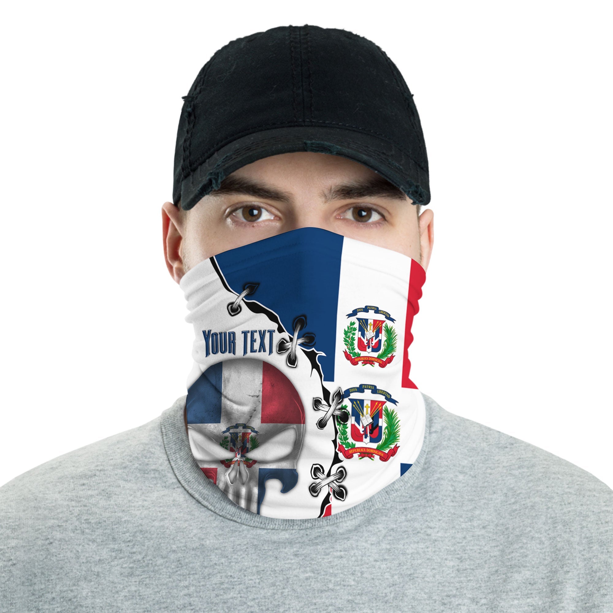 Dominican Republic Neck Gaiter Flag & Coat Of Arms Skull Style