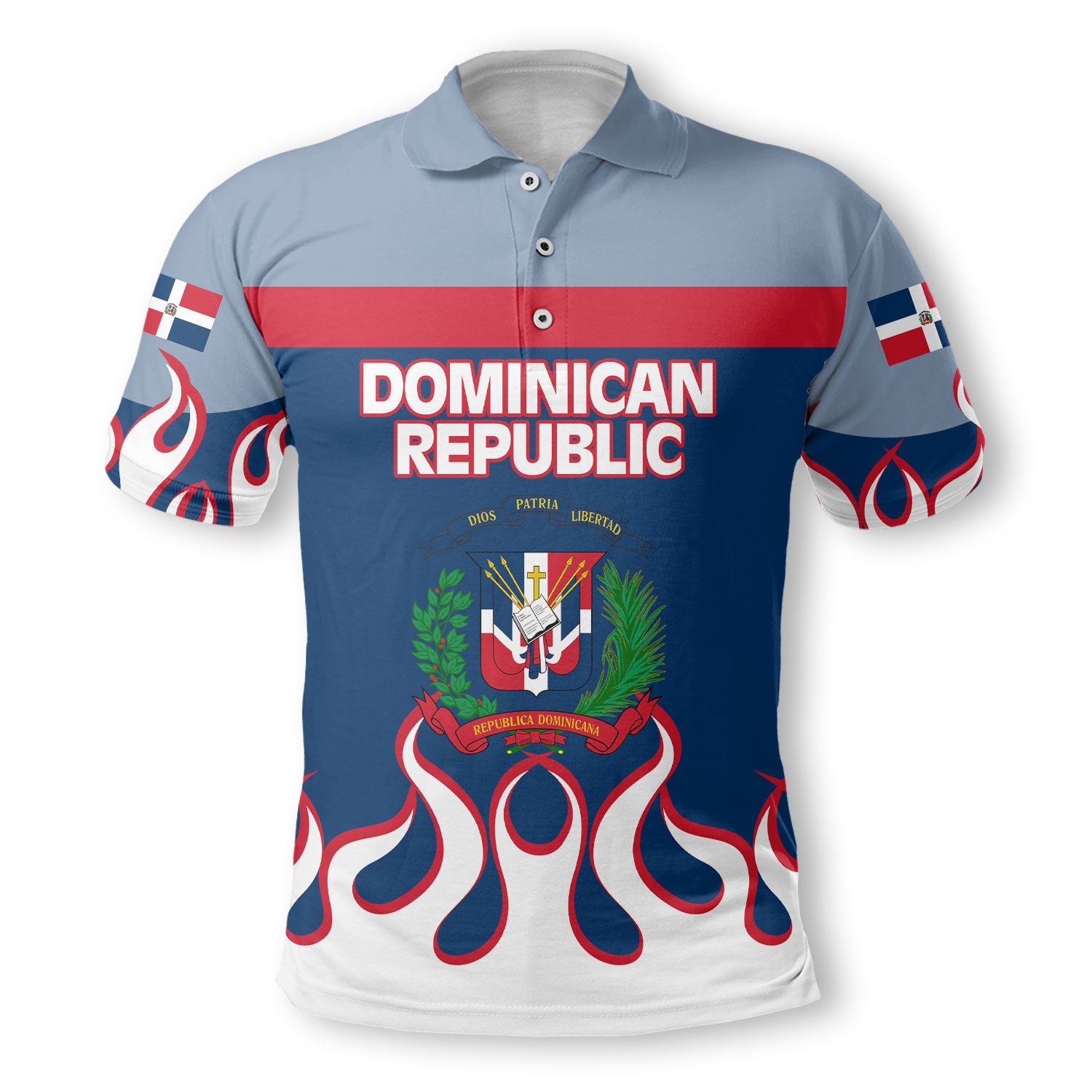 Dominican Republic Polo Shirt Flag & Coat Of Arms Fire Hockey Style