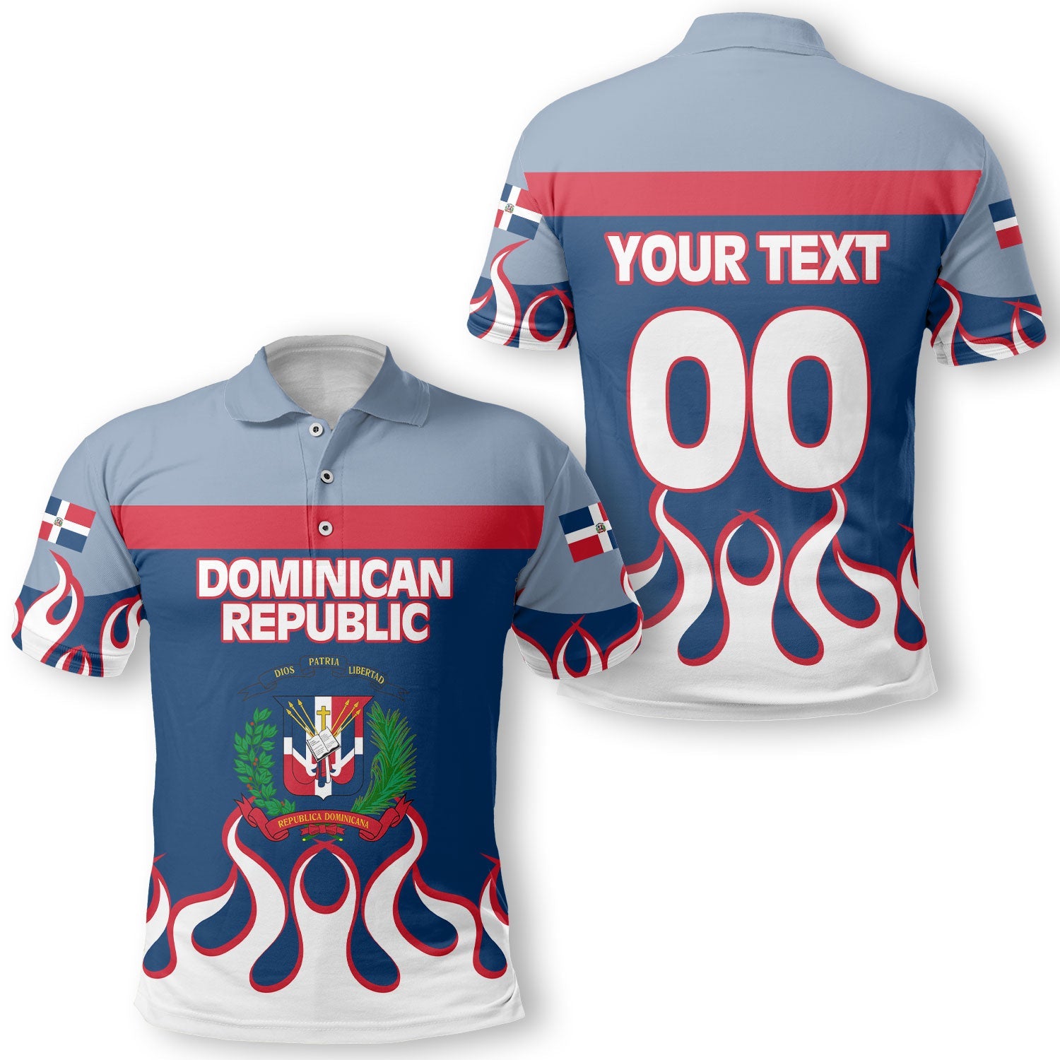 Dominican Republic Polo Shirt Flag & Coat Of Arms Fire Hockey Style