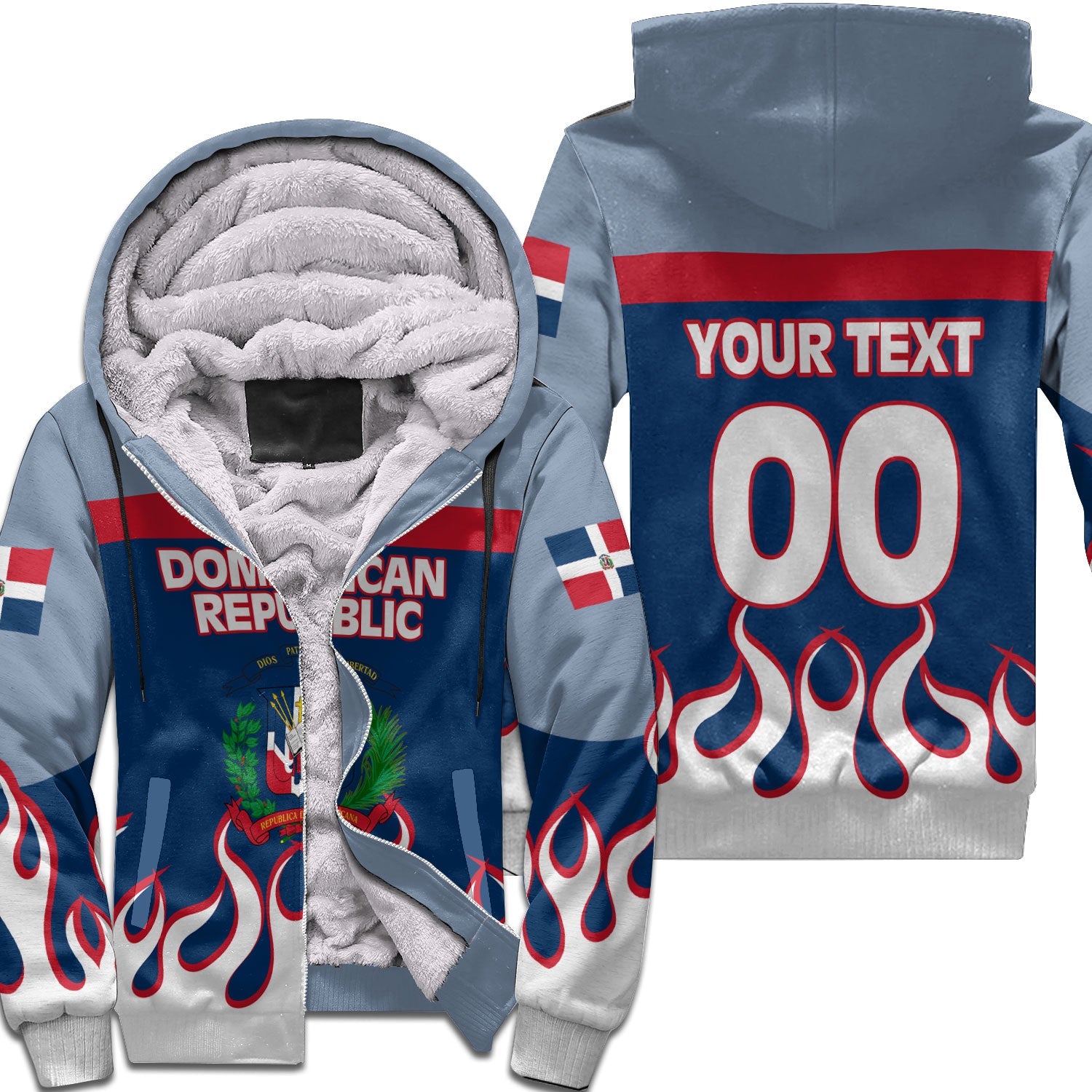 Dominican Republic Sherpa Hoodie Flag & Coat Of Arms Fire Hockey Style