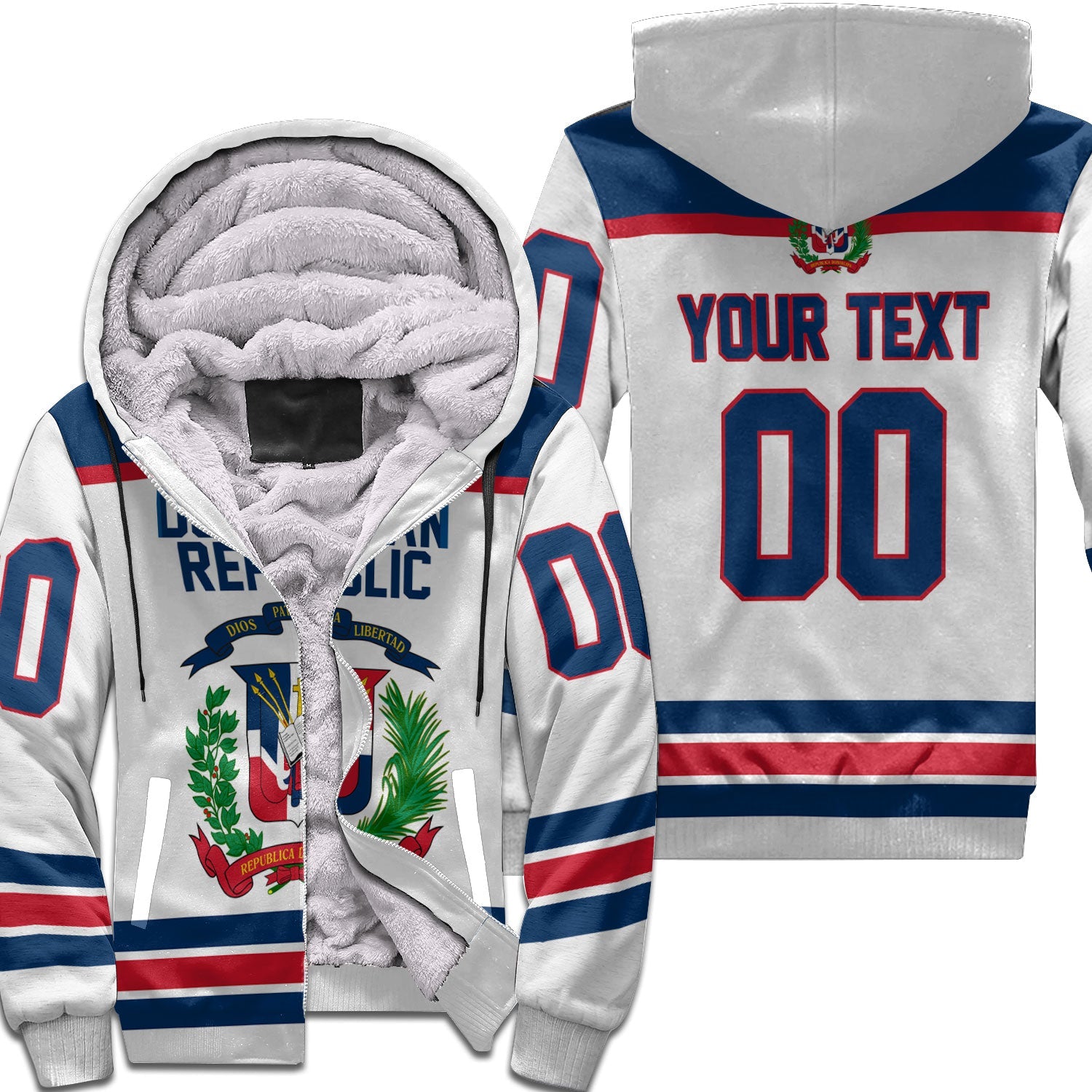 Dominican Republic Sherpa Hoodie Flag & Coat Of Arms Hockey Style