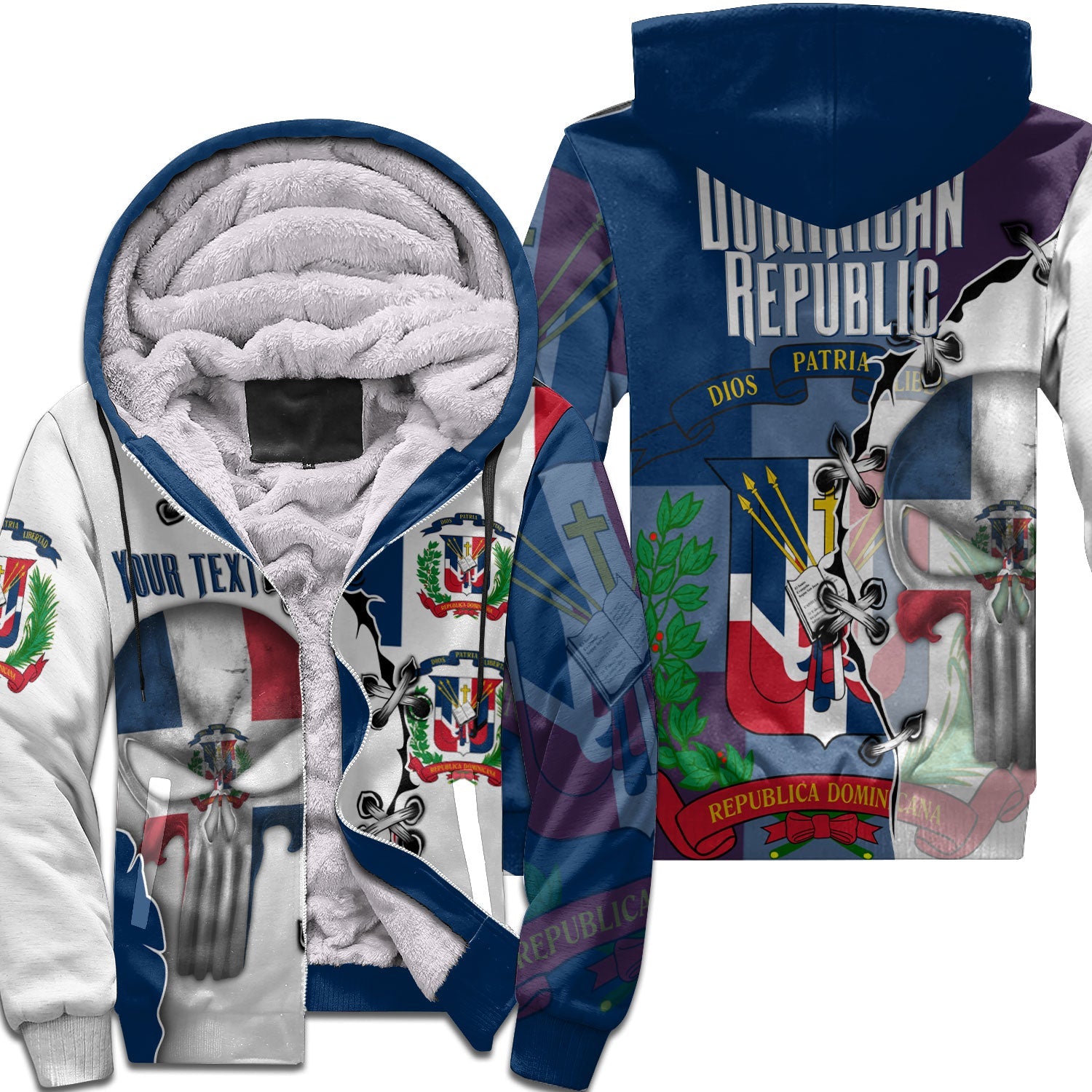 Dominican Republic Sherpa Hoodie Flag & Coat Of Arms Skull Style