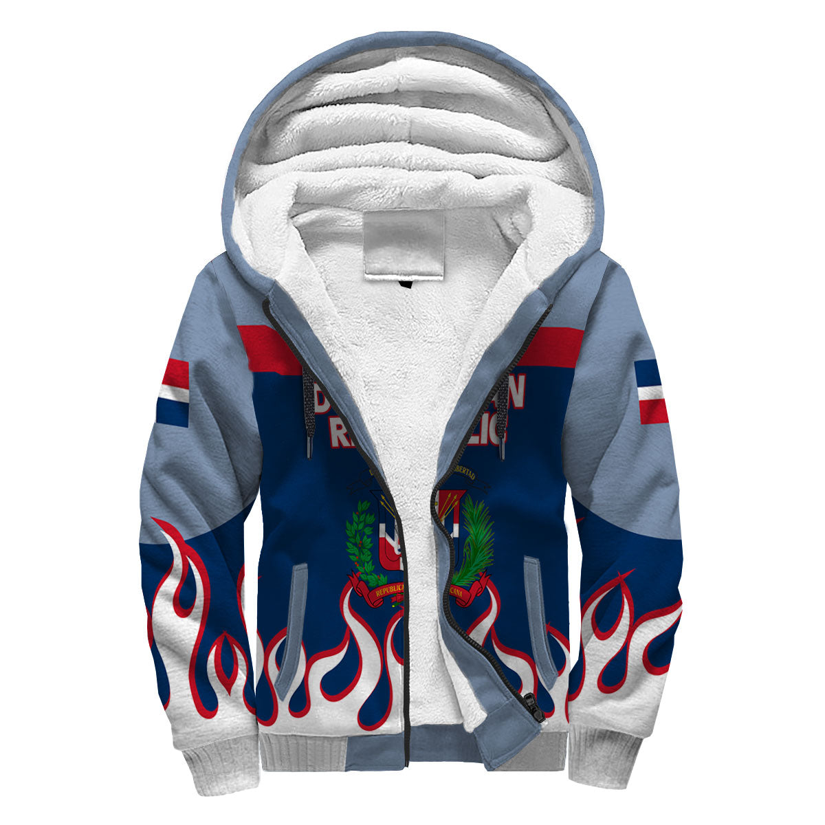 Dominican Republic Sherpa Hoodie Flag & Coat Of Arms Fire Hockey Style