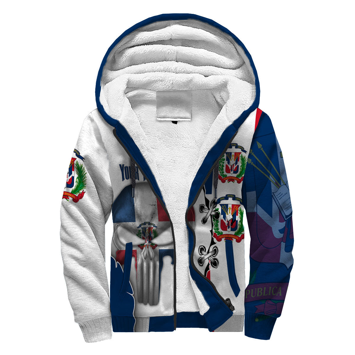 Dominican Republic Sherpa Hoodie Flag & Coat Of Arms Skull Style