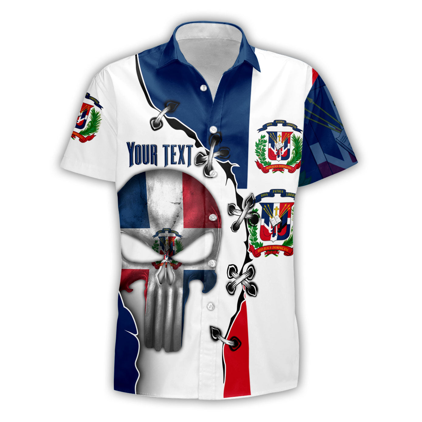 Dominican Republic Short Sleeve Shirt Flag & Coat Of Arms Skull Style