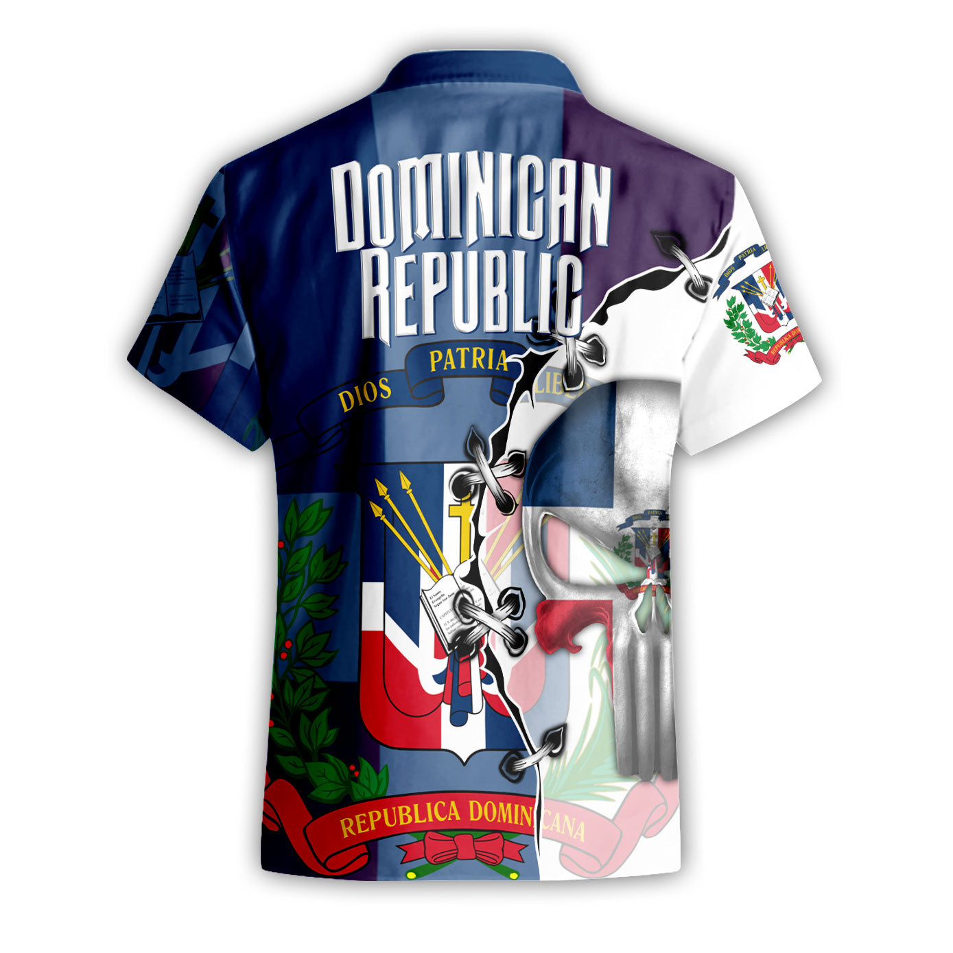 Dominican Republic Short Sleeve Shirt Flag & Coat Of Arms Skull Style