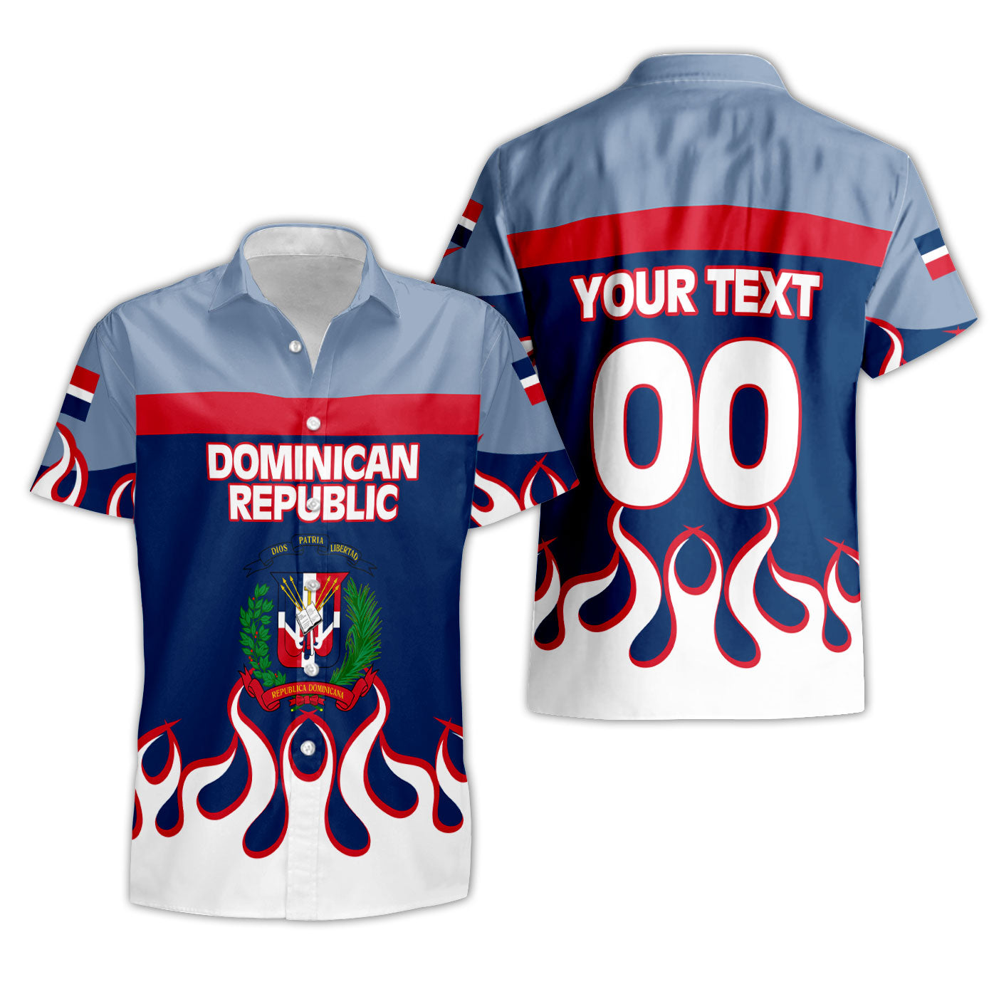 Dominican Republic Short Sleeve Shirt Flag & Coat Of Arms Fire Hockey Style