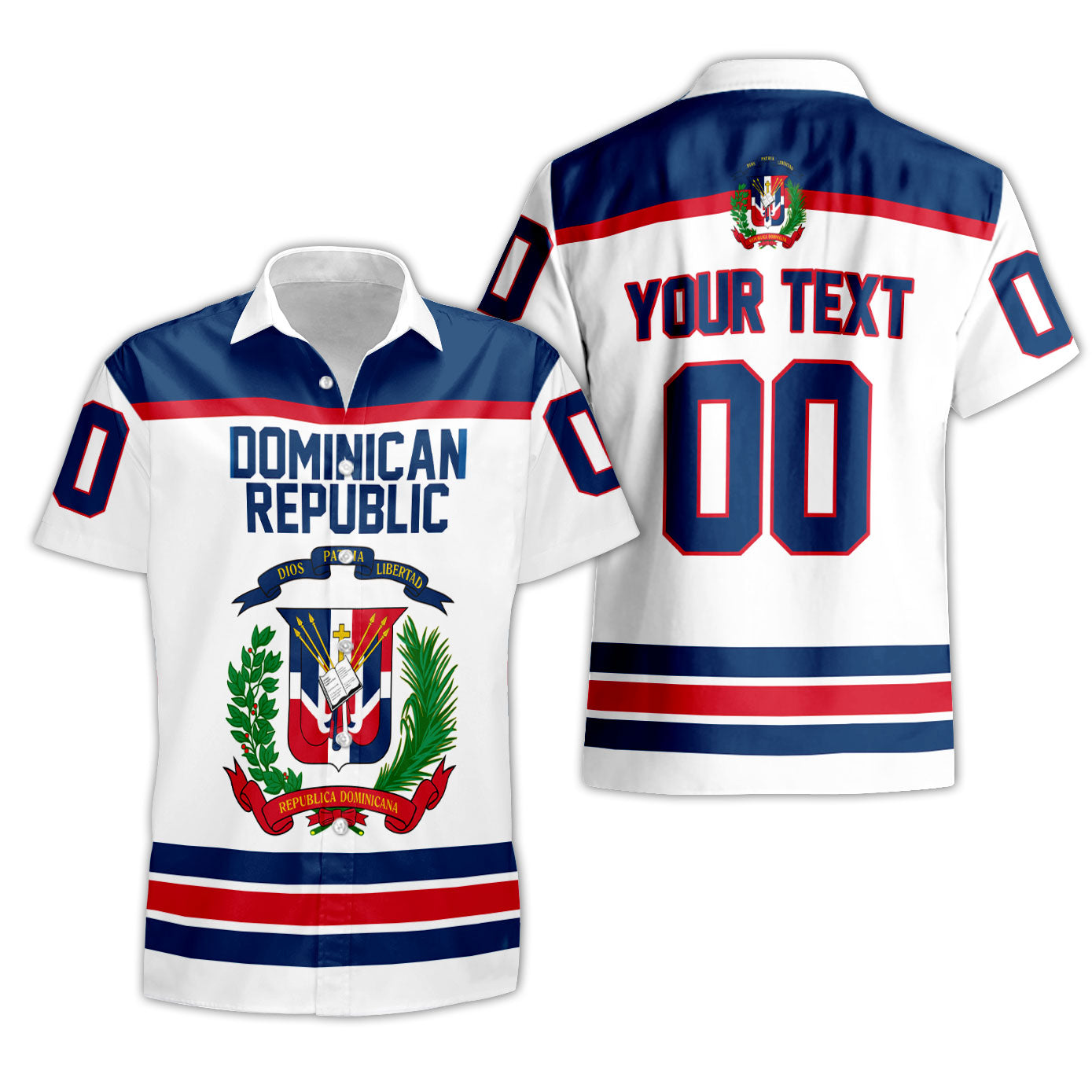 Dominican Republic Short Sleeve Shirt Flag & Coat Of Arms Hockey Style