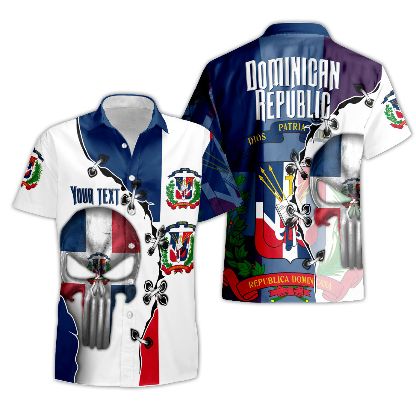 Dominican Republic Short Sleeve Shirt Flag & Coat Of Arms Skull Style