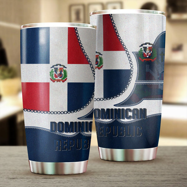 Dominican Republic Stainless Steel Glitter Tumbler Flag & Coat Of Arms Leather Style