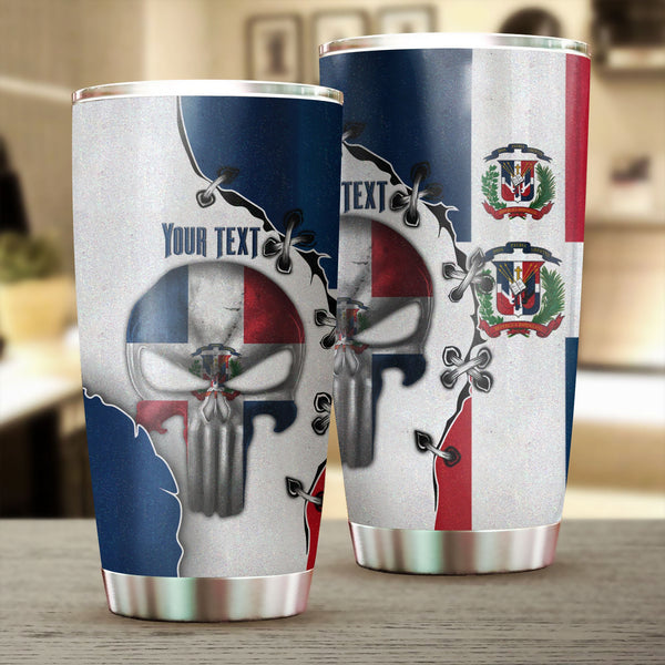 Dominican Republic Stainless Steel Glitter Tumbler Flag & Coat Of Arms Skull Style