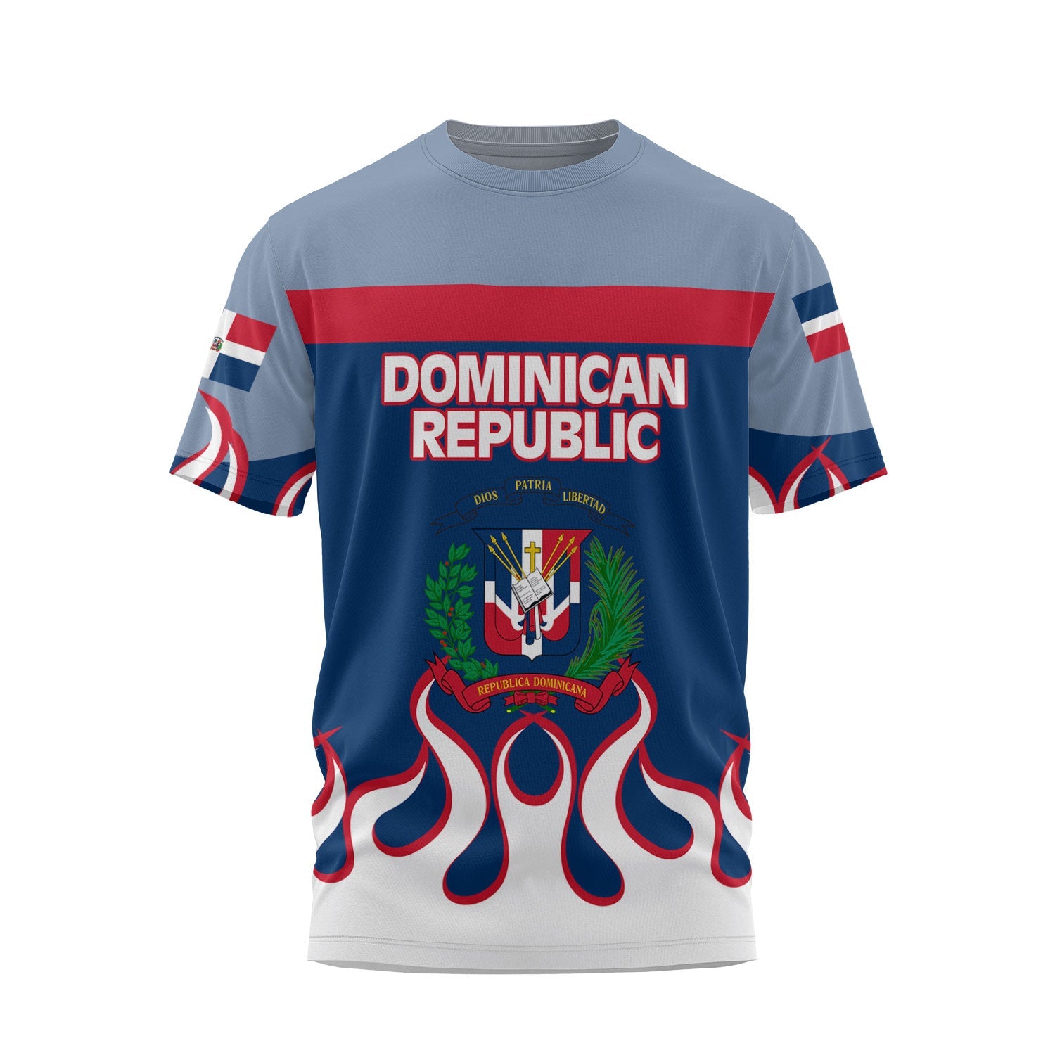 Dominican Republic T Shirt Flag & Coat Of Arms Fire Hockey Style