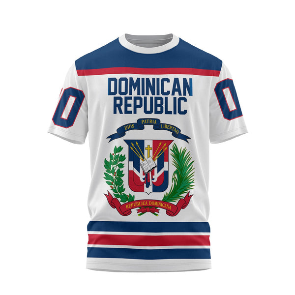 Dominican Republic T Shirt Flag & Coat Of Arms Hockey Style