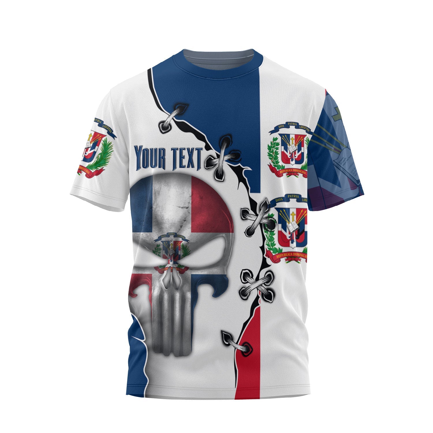 Dominican Republic T Shirt Flag & Coat Of Arms Skull Style