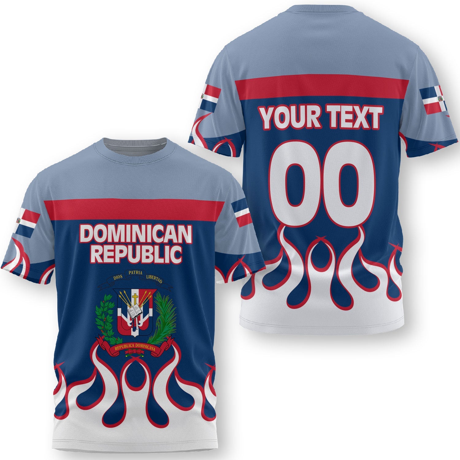 Dominican Republic T Shirt Flag & Coat Of Arms Fire Hockey Style