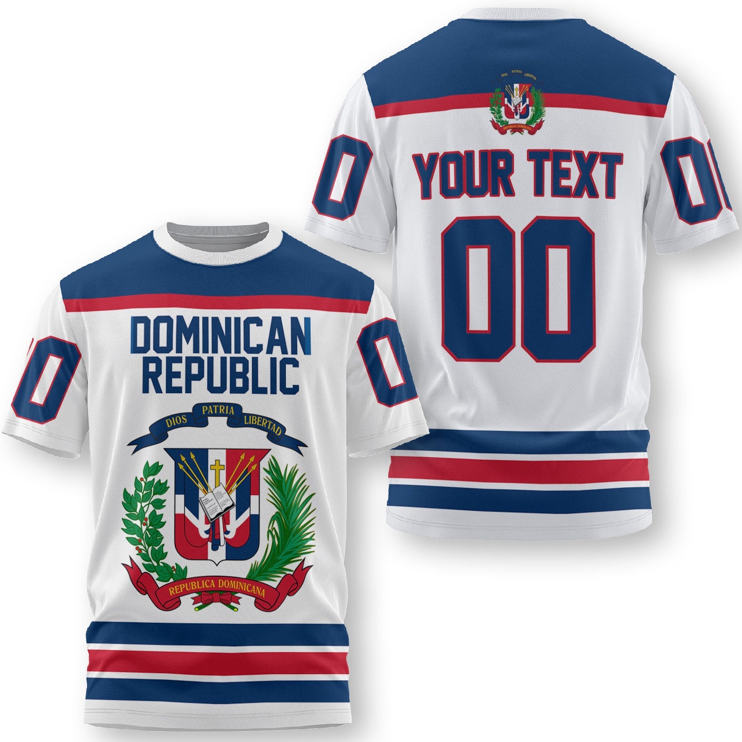 Dominican Republic T Shirt Flag & Coat Of Arms Hockey Style