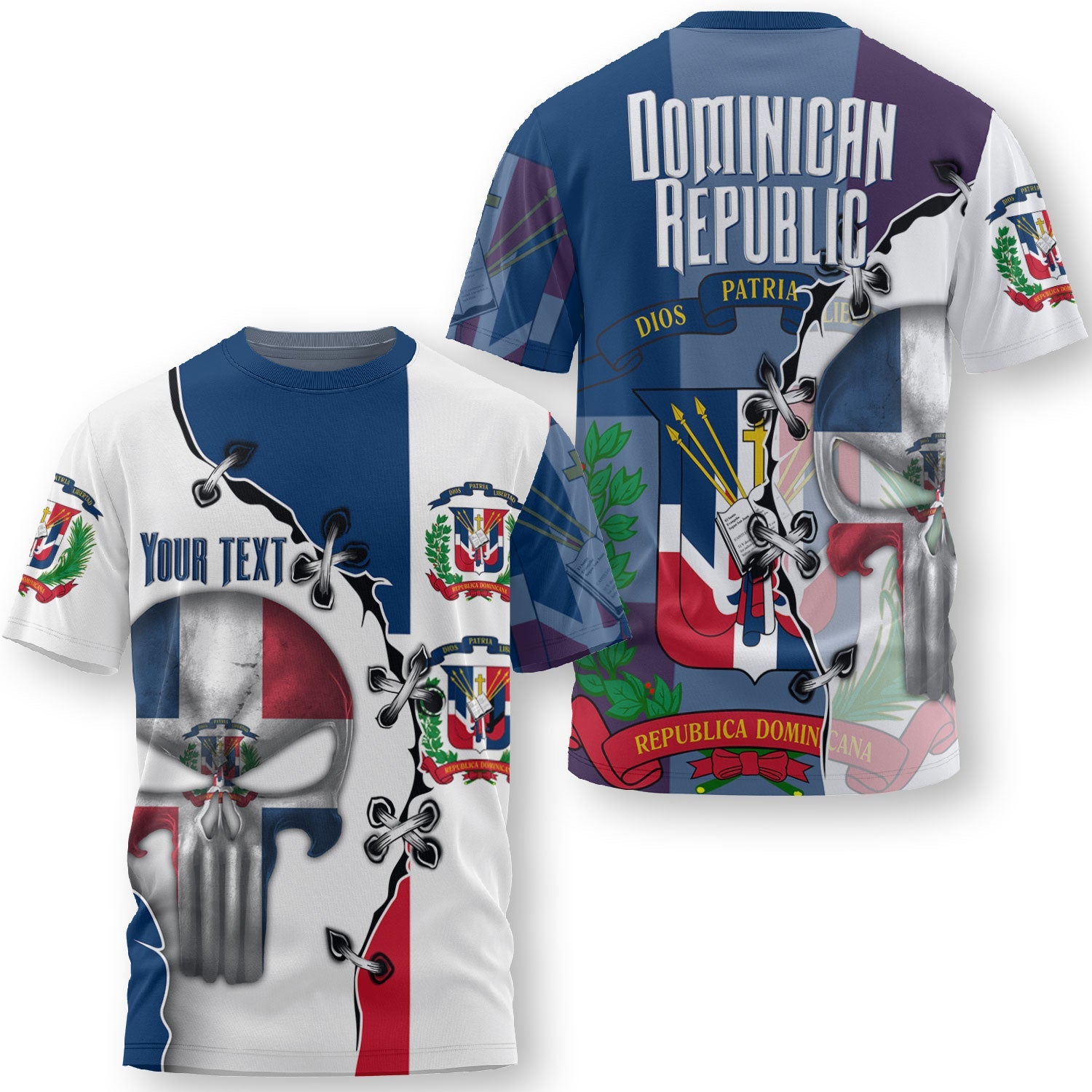 Dominican Republic T Shirt Flag & Coat Of Arms Skull Style