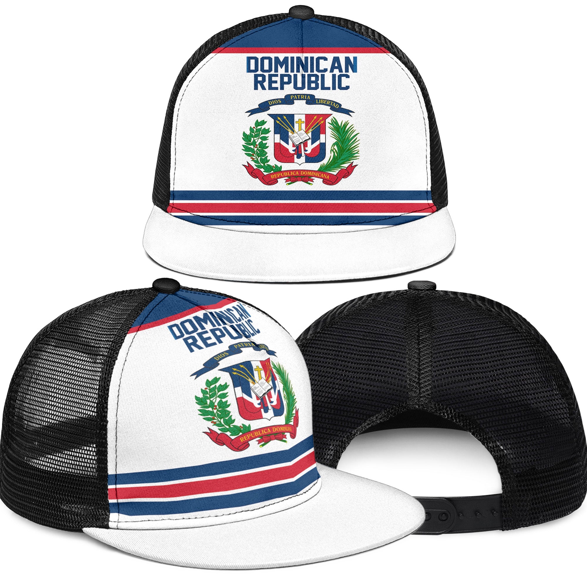 Dominican Republic Trucker Hat Flag & Coat Of Arms Hockey Style