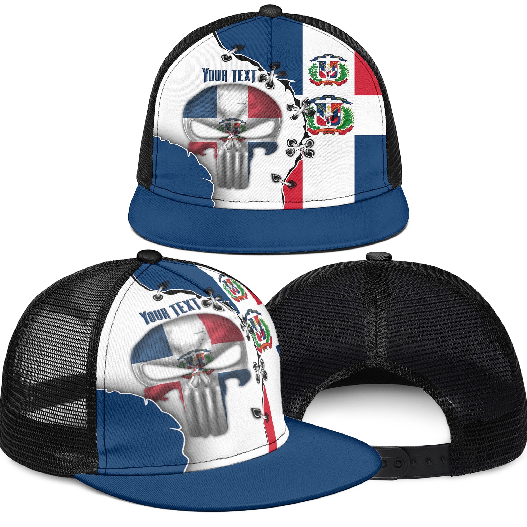 Dominican Republic Trucker Hat Flag & Coat Of Arms Skull Style