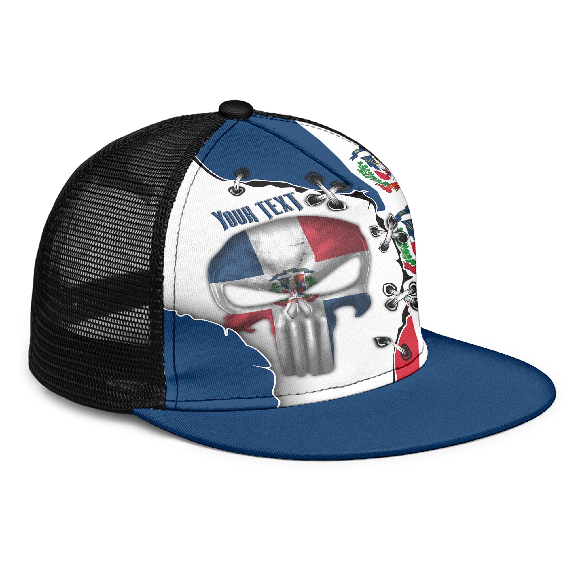 Dominican Republic Trucker Hat Flag & Coat Of Arms Skull Style