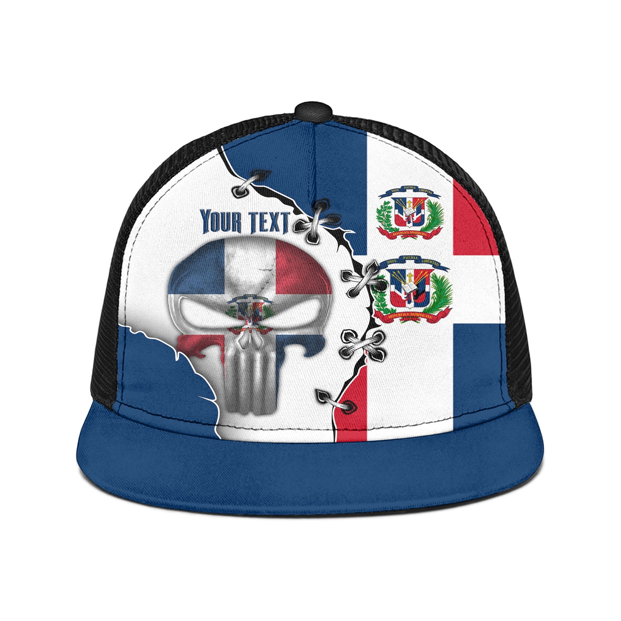 Dominican Republic Trucker Hat Flag & Coat Of Arms Skull Style