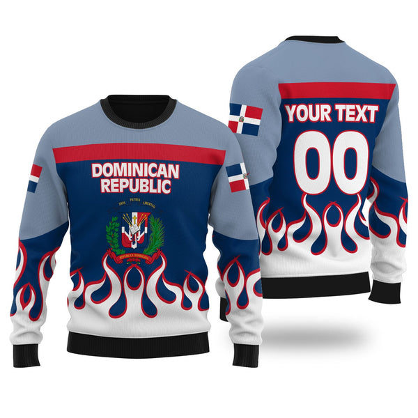 Dominican Republic Ugly Sweater Flag & Coat Of Arms Fire Hockey Style