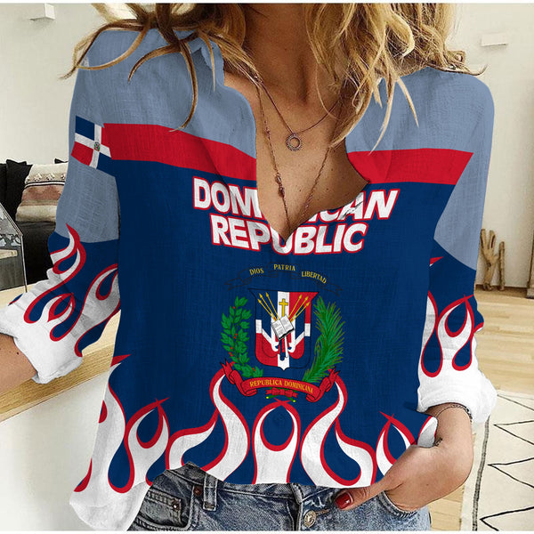 Dominican Republic Women Casual Shirt Flag & Coat Of Arms Fire Hockey Style