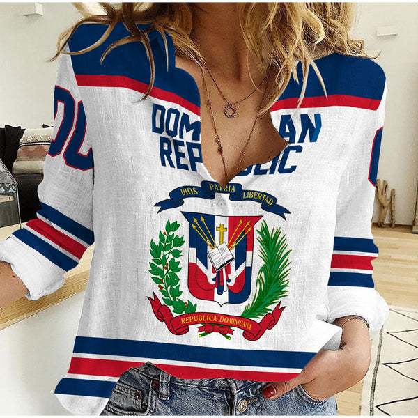 Dominican Republic Women Casual Shirt Flag & Coat Of Arms Hockey Style