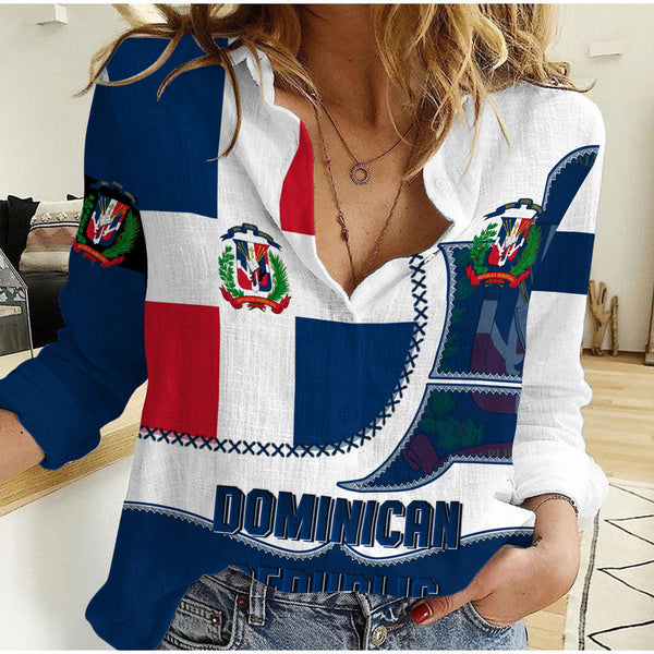 Dominican Republic Women Casual Shirt Flag & Coat Of Arms Leather Style