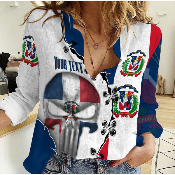 Dominican Republic Women Casual Shirt Flag & Coat Of Arms Skull Style