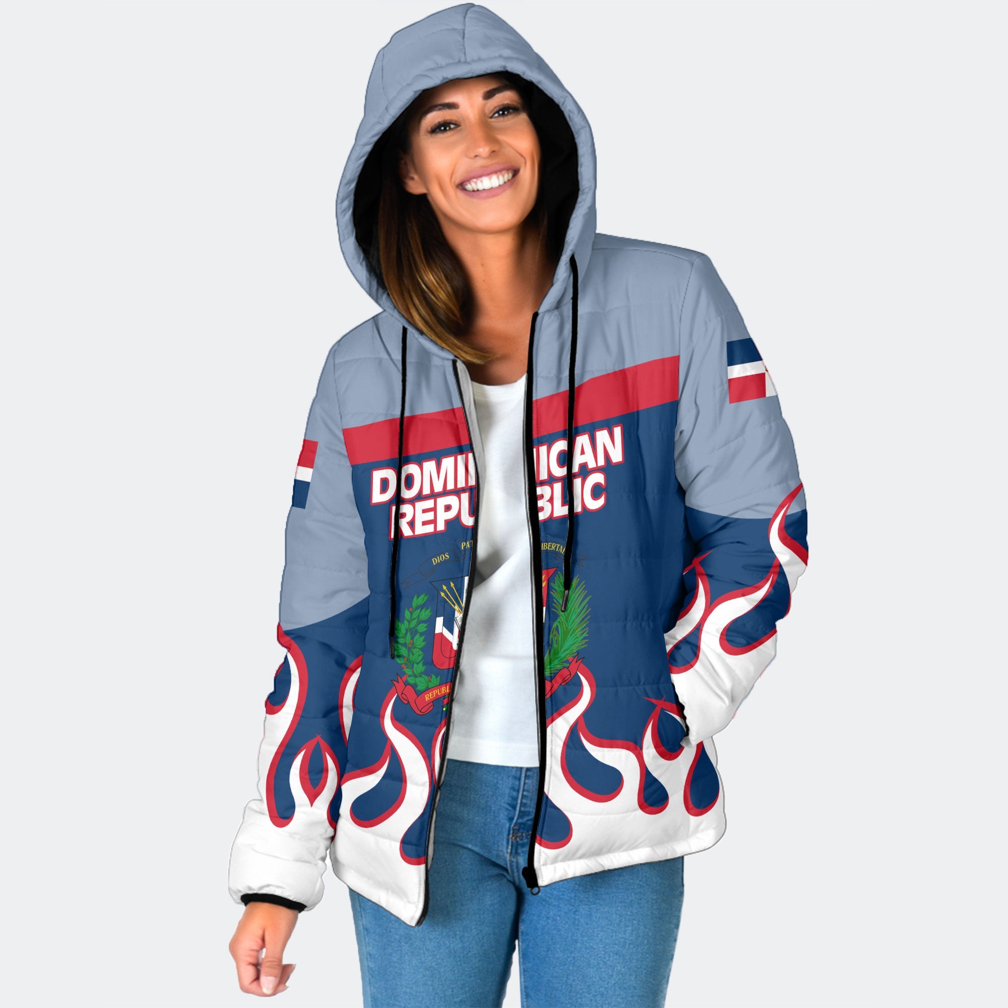 Dominican Republic Women Hooded Padded Jacket Flag & Coat Of Arms Fire Hockey Style