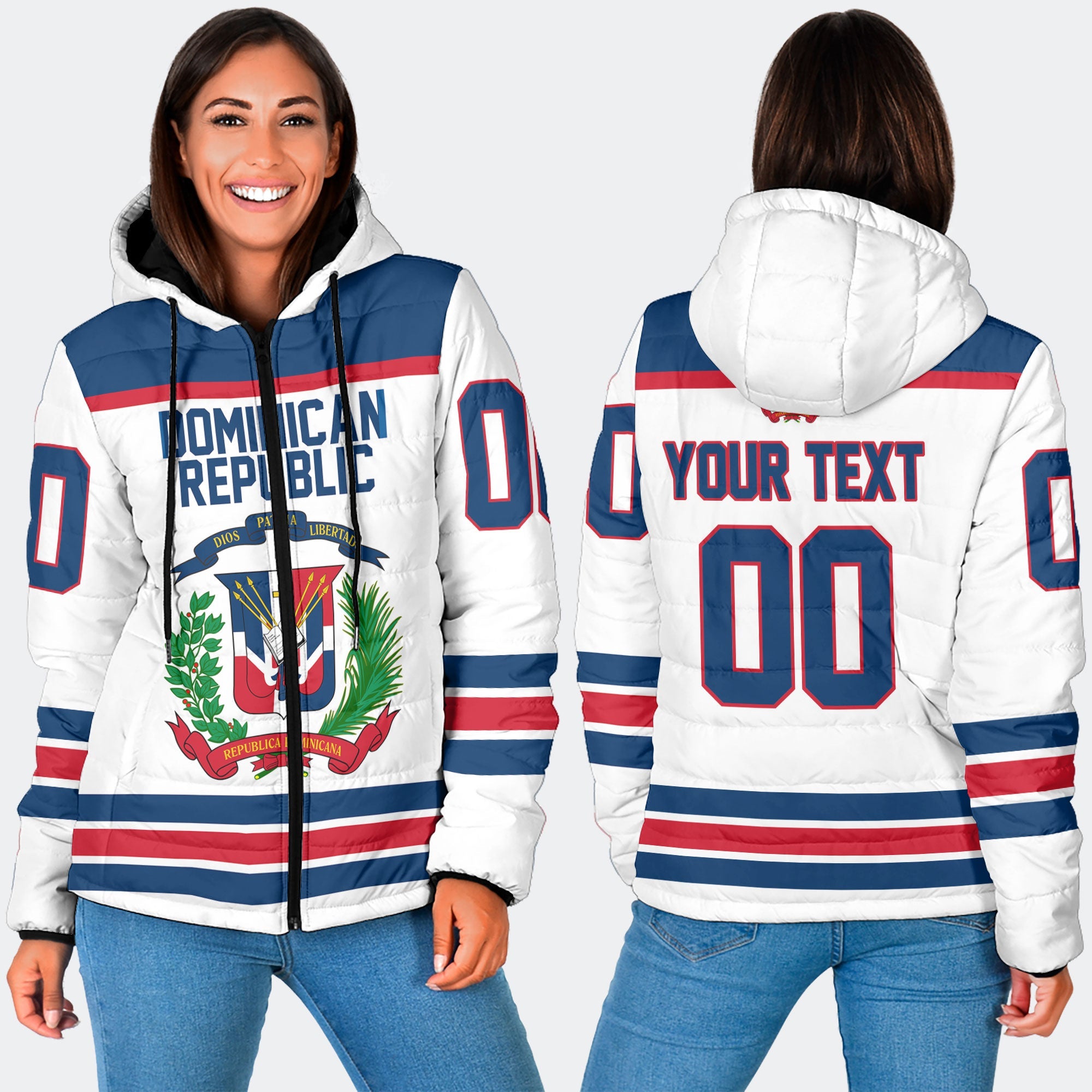 Dominican Republic Women Hooded Padded Jacket Flag & Coat Of Arms Hockey Style