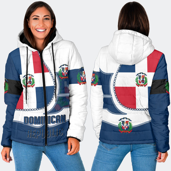 Dominican Republic Women Hooded Padded Jacket Flag & Coat Of Arms Leather Style