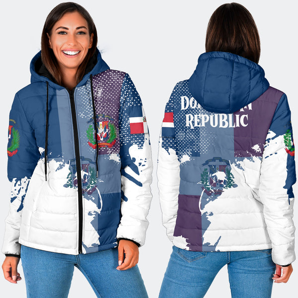 Dominican Republic Women Hooded Padded Jacket Flag & Coat Of Arms Paint Style