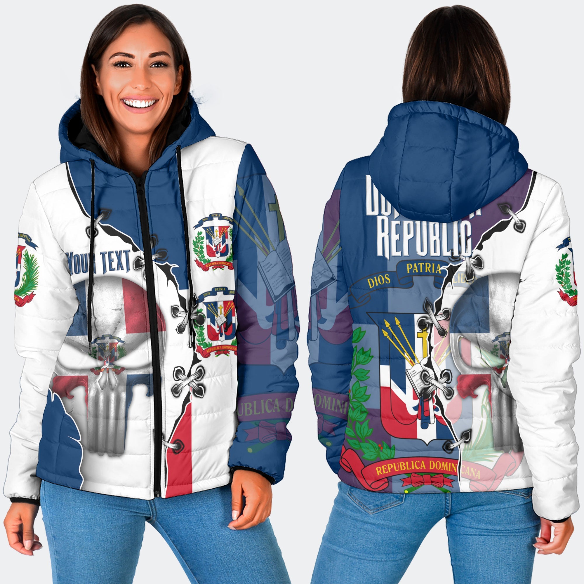 Dominican Republic Women Hooded Padded Jacket Flag & Coat Of Arms Skull Style