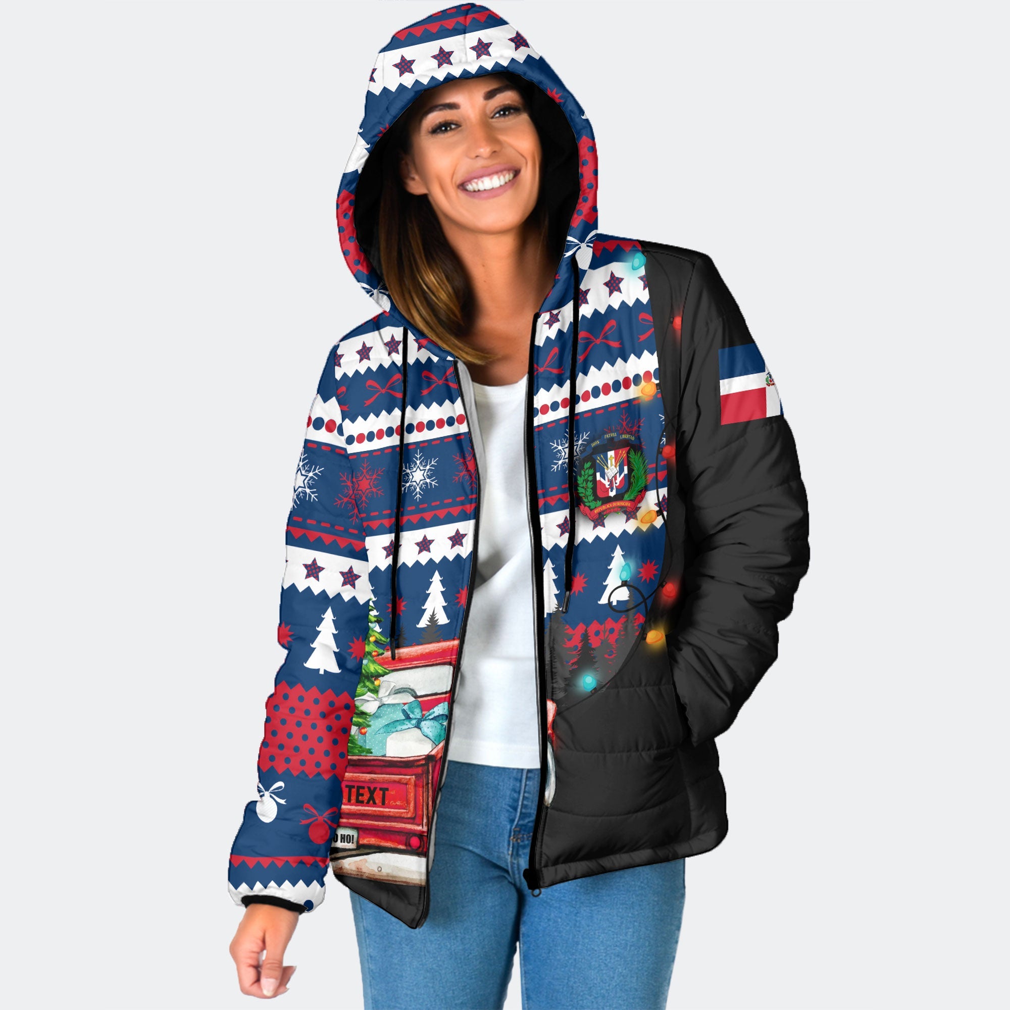 Dominican Republic Women Hooded Padded Jacket Coat Of Arms Christmas Style