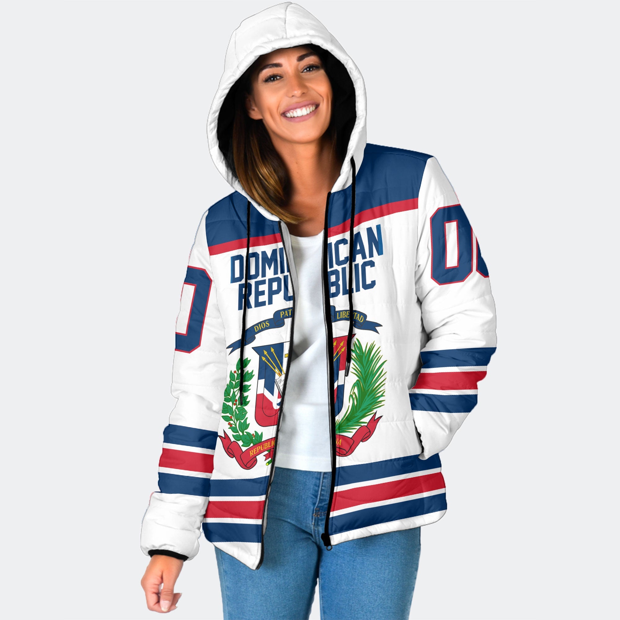 Dominican Republic Women Hooded Padded Jacket Flag & Coat Of Arms Hockey Style