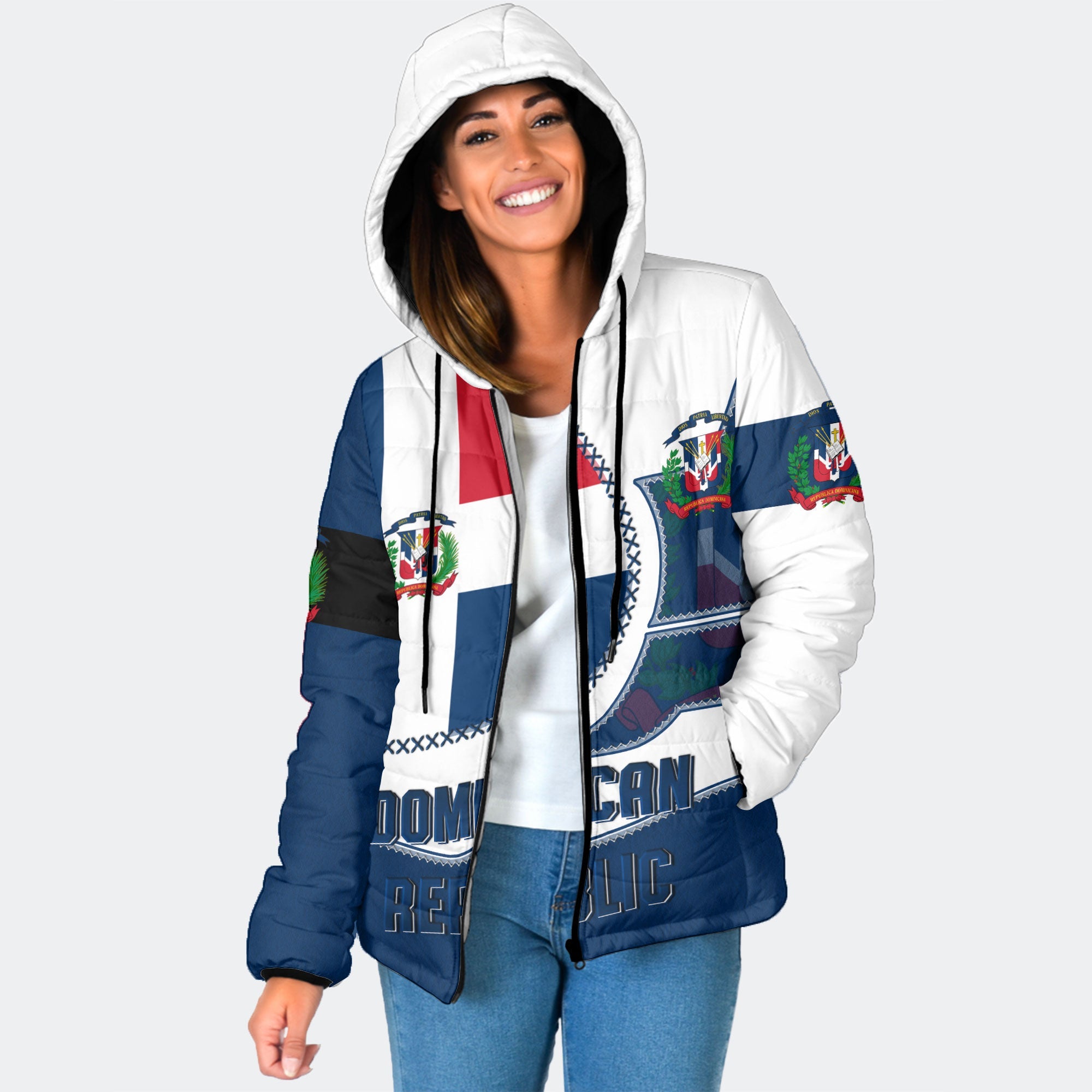 Dominican Republic Women Hooded Padded Jacket Flag & Coat Of Arms Leather Style