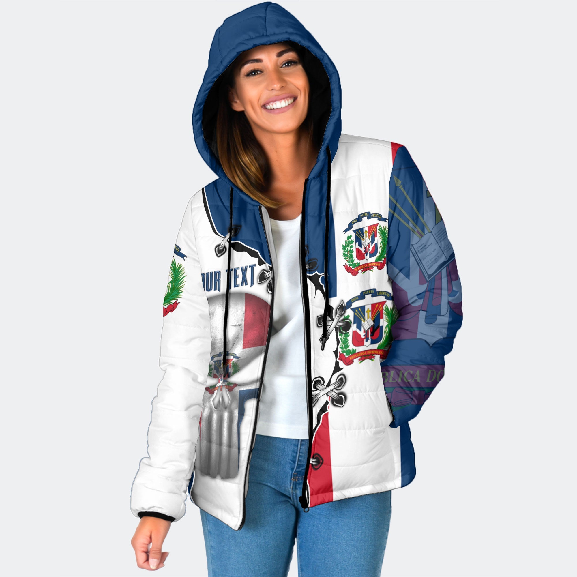 Dominican Republic Women Hooded Padded Jacket Flag & Coat Of Arms Skull Style