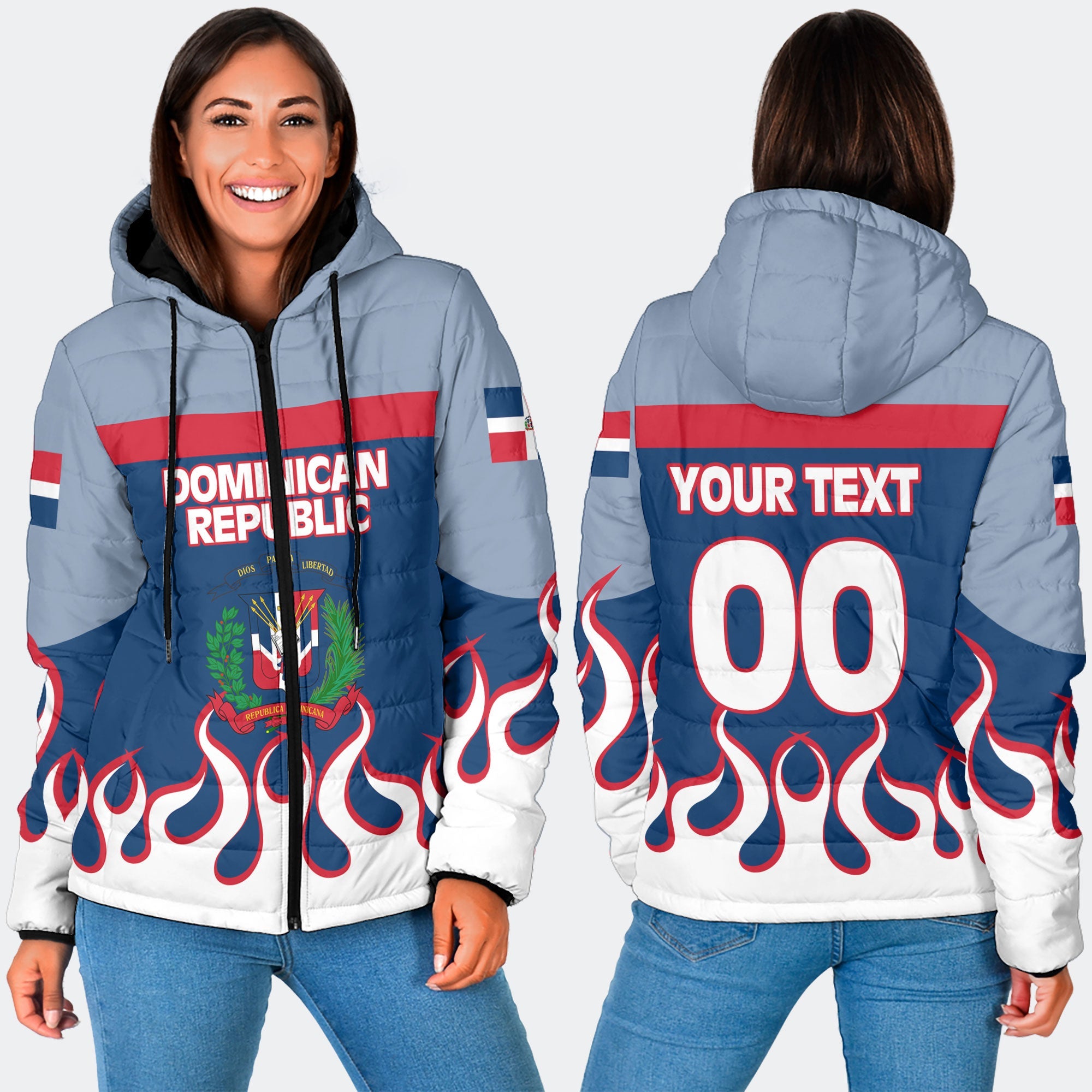 Dominican Republic Women Hooded Padded Jacket Flag & Coat Of Arms Fire Hockey Style