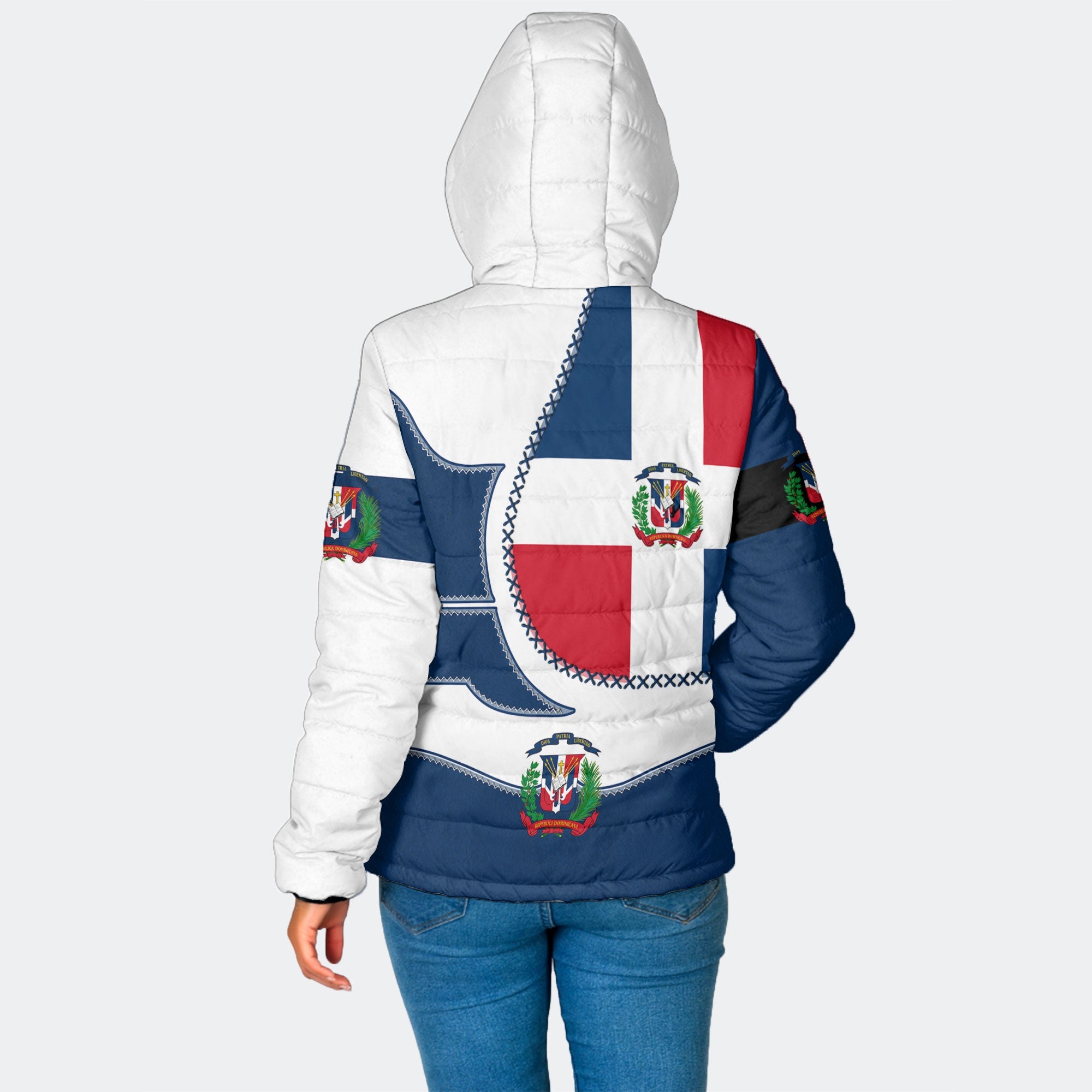 Dominican Republic Women Hooded Padded Jacket Flag & Coat Of Arms Leather Style