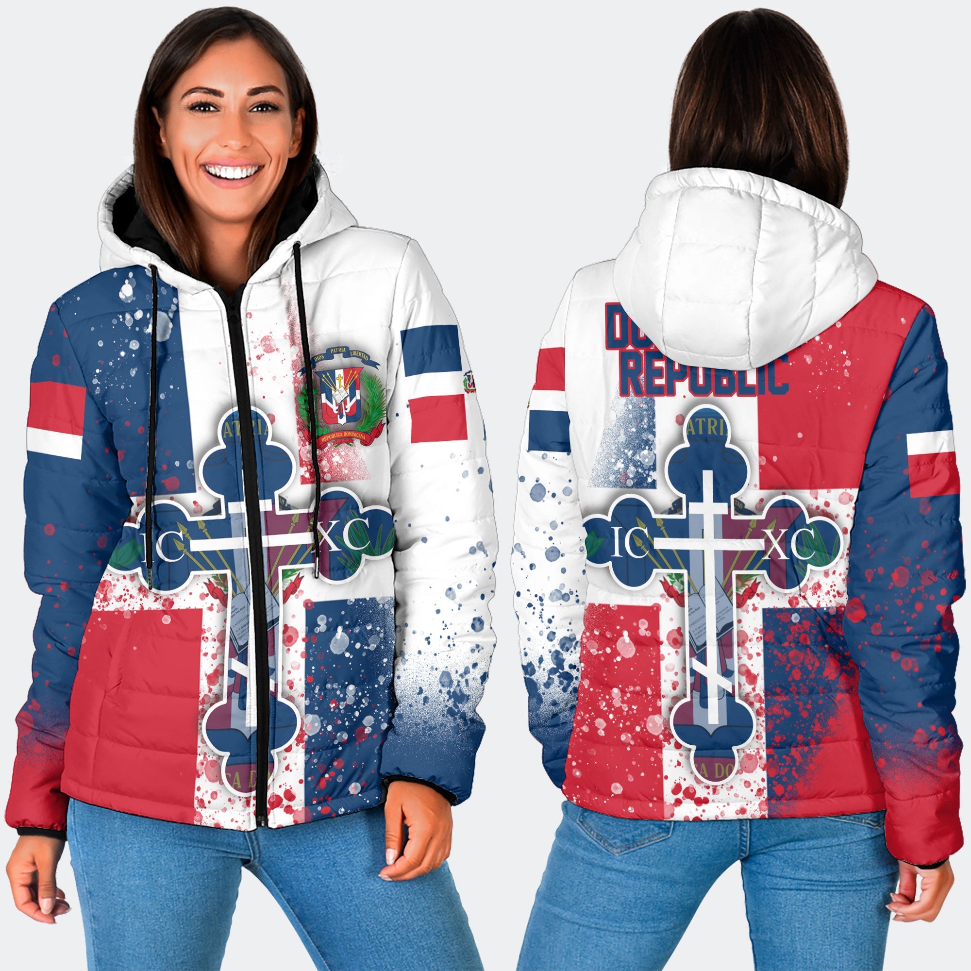 Dominican Republic Women Hooded Padded Jacket Flag & Coat Of Arms Orthodox Style